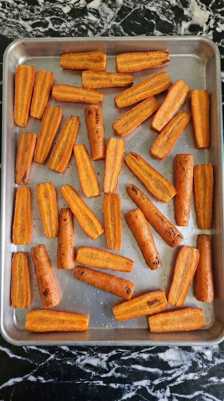 Maple Glazed Carrots halfway through roasting with golden edges on a metal sheet pan Recipe focus: thanksgiving maple glazed carrots.