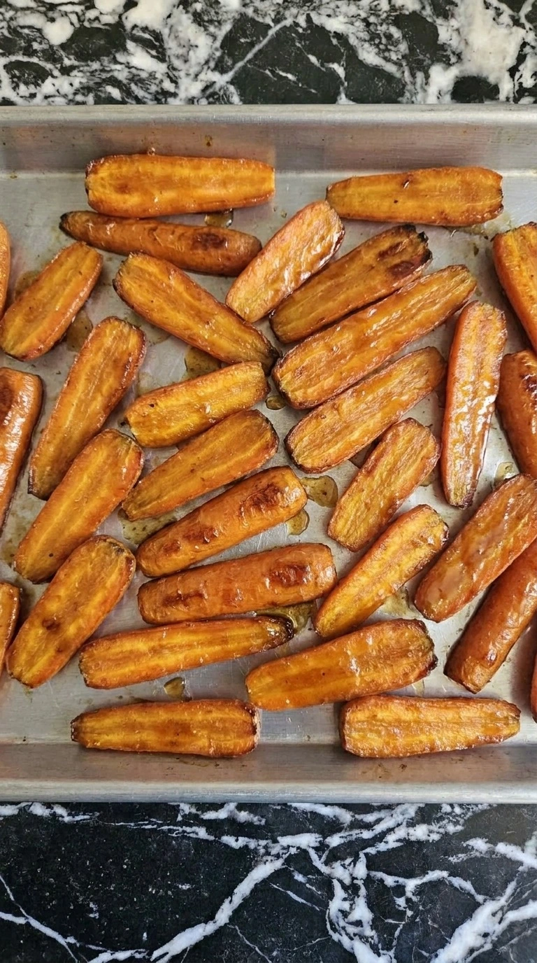 Maple Glazed Carrots caramelizing in the oven with sticky amber maple butter coating Recipe focus: easy maple glazed carrots.