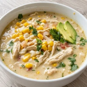 Mexican Street Corn White Chicken Chili in a bowl with creamy chicken broth and corn pieces Recipe focus: crockpot white chicken chili.