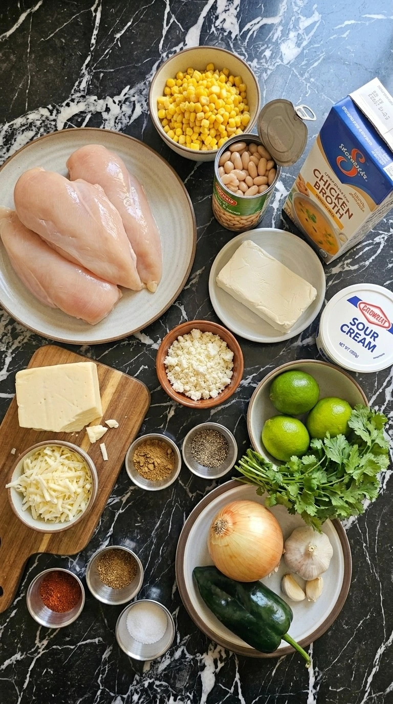 Mexican Street Corn White Chicken Chili ingredients with chicken corn spices and vegetables Recipe focus: white chicken chili easy.