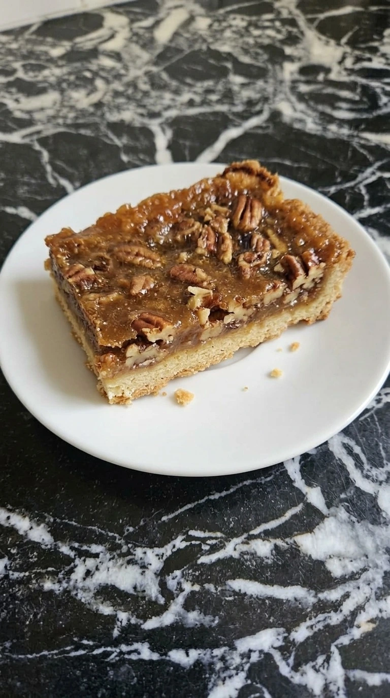 Pecan Pie Bars single serving showing a thick pecan caramel layer and golden shortbread crust. Recipe focus: easy pecan pie bars.
