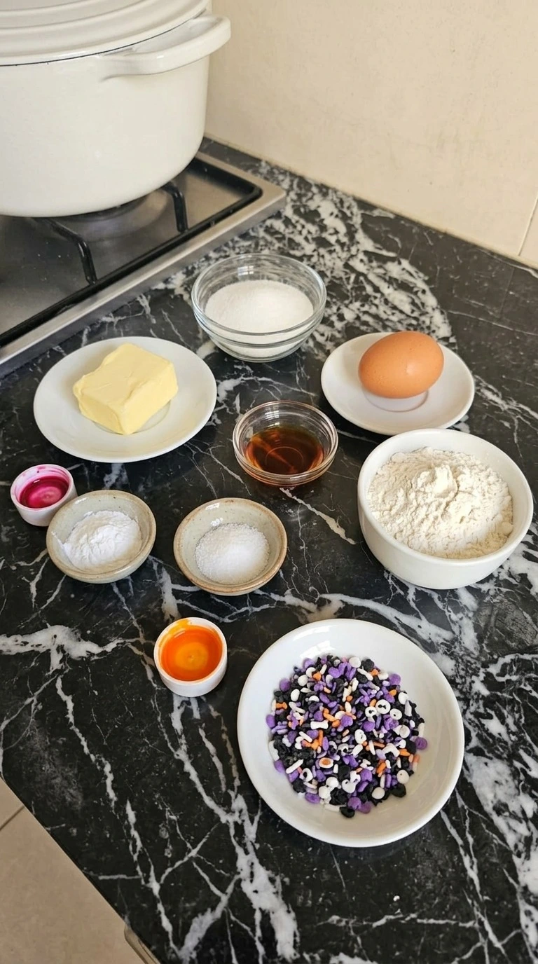 Pink and Orange Halloween Cookies ingredients including butter, flour, sugar, gel colors and Halloween sprinkles.