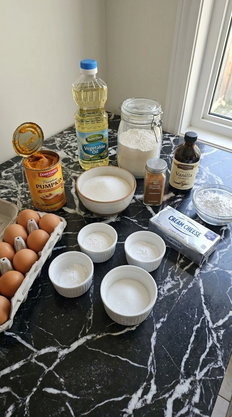 Pumpkin Bars with Cream Cheese Frosting ingredients arranged before baking Recipe focus: pumpkin bars with cake mix easy.