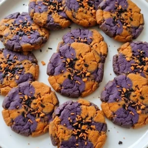 Purple and Orange Halloween Cookies with vivid marbling, crisp edges and uneven sprinkles