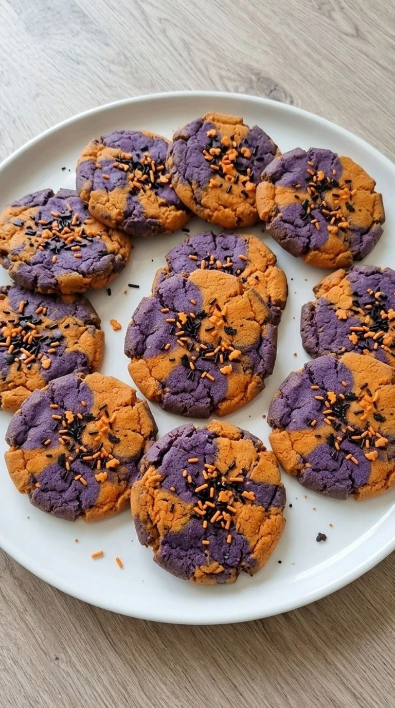 Purple and Orange Halloween Cookies with vivid marbling, crisp edges and uneven sprinkles