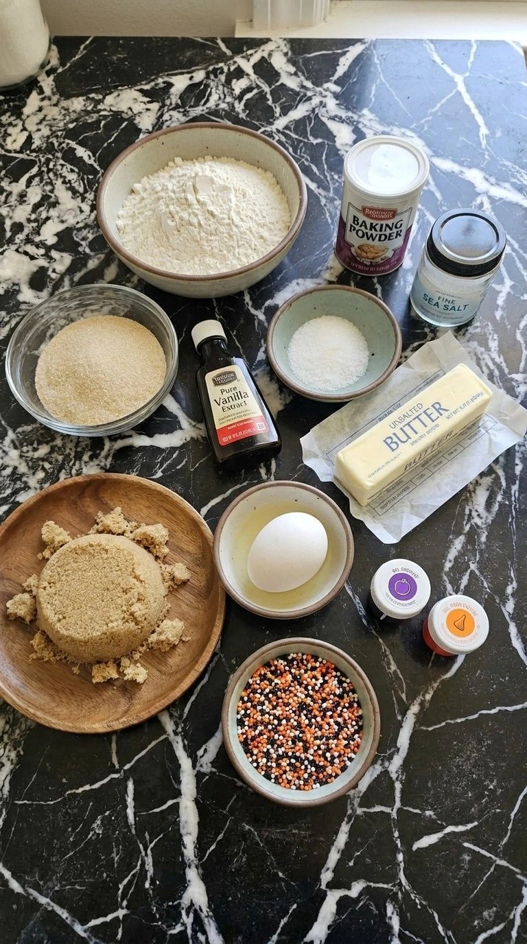 Purple and Orange Halloween Cookies ingredients with flour, butter, sugars, egg, colors and sprinkles