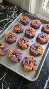 Purple and Orange Halloween Cookies shaped into twelve marbled rounds with sprinkles