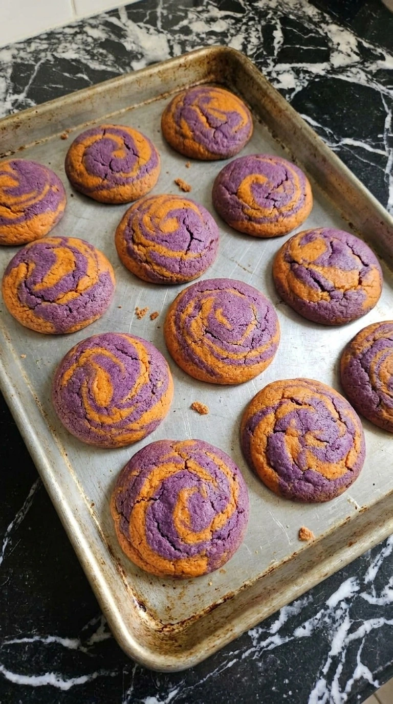 Purple and Orange Halloween Cookies baked with set edges and softly cracked centers