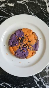 Purple and Orange Halloween Cookies cooled and served with crisp edges and marbled centers