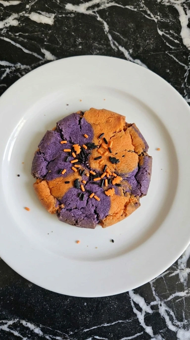 Purple and Orange Halloween Cookies cooled and served with crisp edges and marbled centers