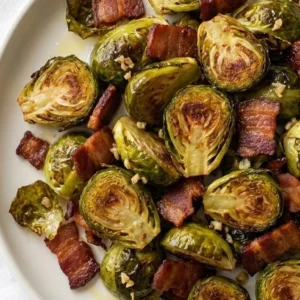 Roasted Brussels Sprouts with Bacon featuring caramelized sprouts and crispy smoky bacon on a serving Recipe focus: easy roasted brussels sprouts with bacon.