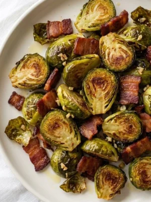 Roasted Brussels Sprouts with Bacon featuring caramelized sprouts and crispy smoky bacon on a serving Recipe focus: easy roasted brussels sprouts with bacon.