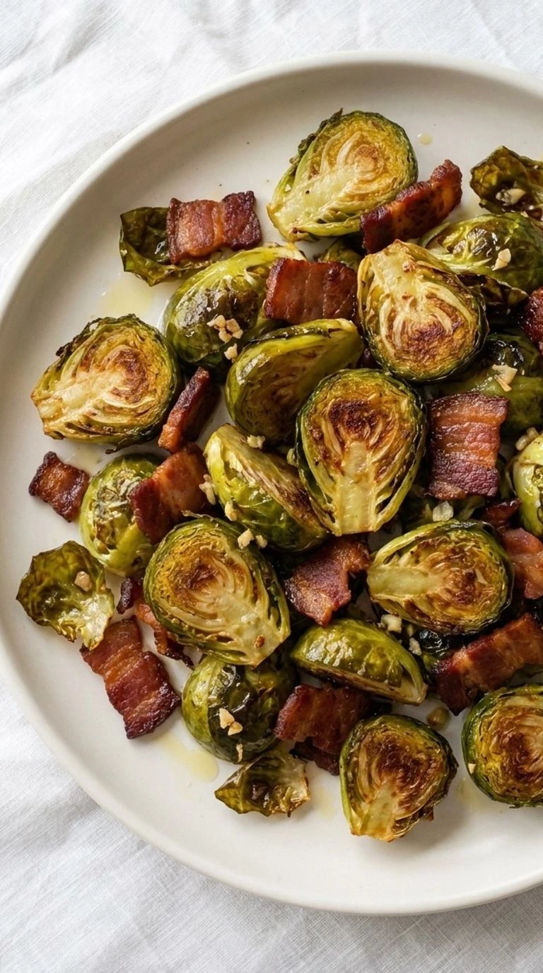 Roasted Brussels Sprouts with Bacon featuring caramelized sprouts and crispy smoky bacon on a serving Recipe focus: easy roasted brussels sprouts with bacon.