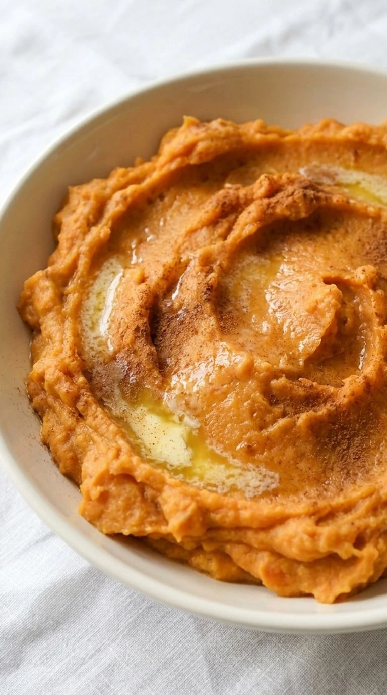 Slow Cooker Mashed Sweet Potatoes in a serving bowl with creamy orange swirls, melted butter and cinnamon. Recipe focus: easy slow cooker mashed sweet potatoes.