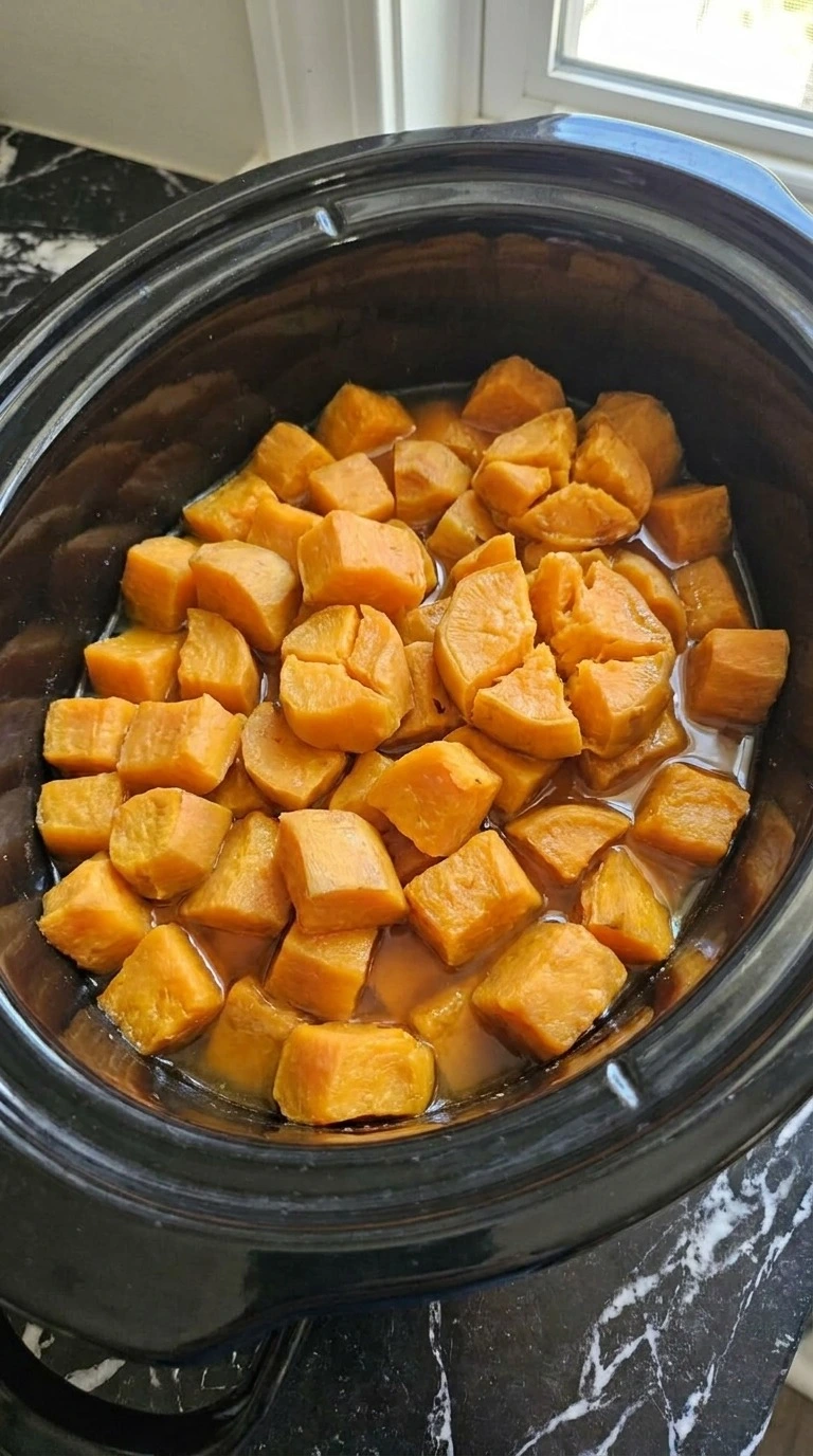Tender deep orange sweet potato cubes with softened edges inside the cooker for Slow Cooker Recipe focus: thanksgiving slow cooker mashed sweet potatoes.