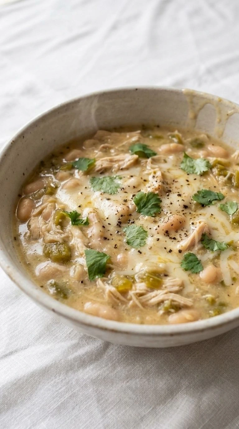 Stovetop White Chicken Chili in a bowl with creamy beans and tender chicken Recipe focus: crockpot white chicken chili.