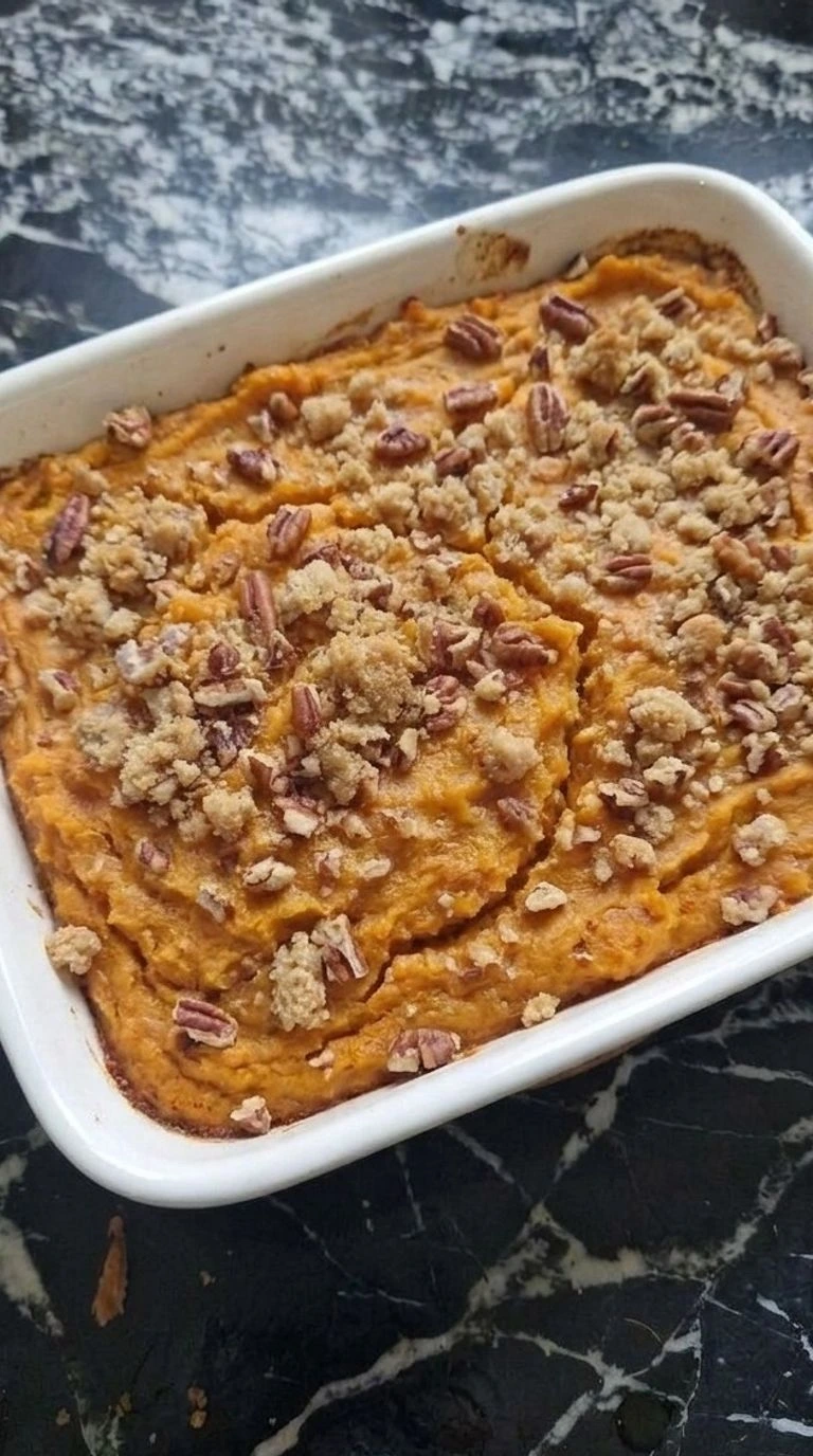 Sweet Potato Casserole with Pecans baked with golden pecan topping in serving dish Recipe focus: ruth chris sweet potato casserole.
