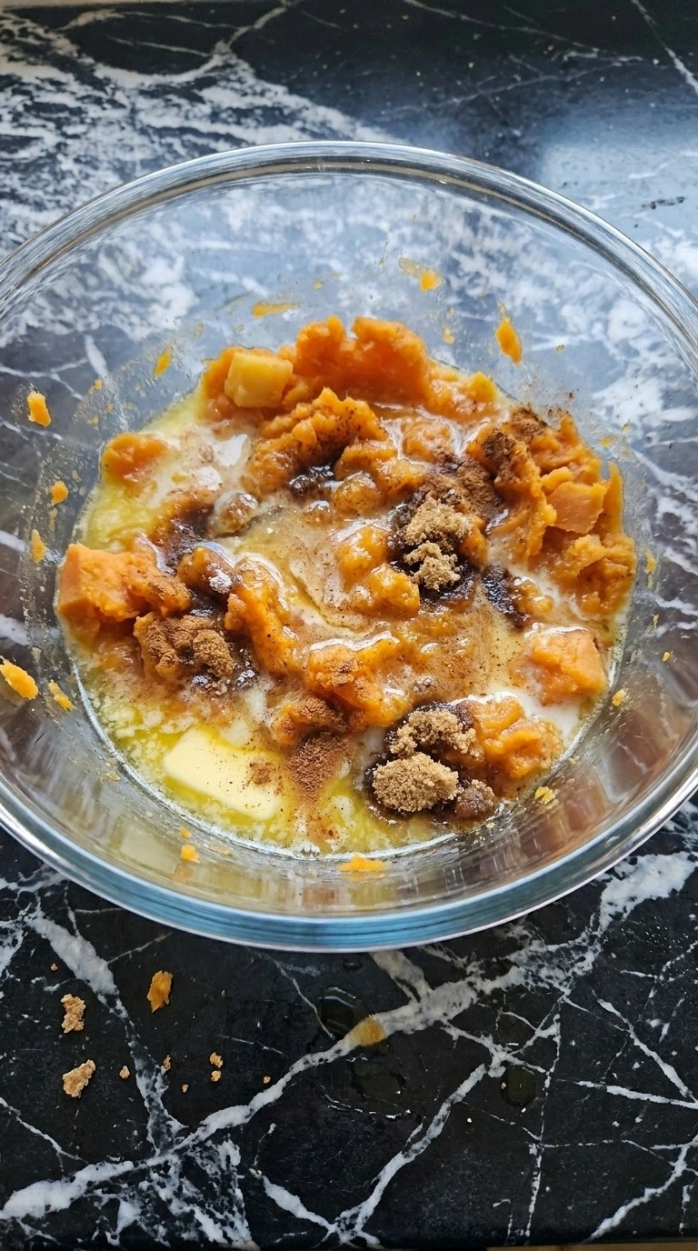 Sweet Potato Casserole with Pecans sweet potato mash preparation in bowl Recipe focus: sweet potato casserole with pecans and marshmallow.
