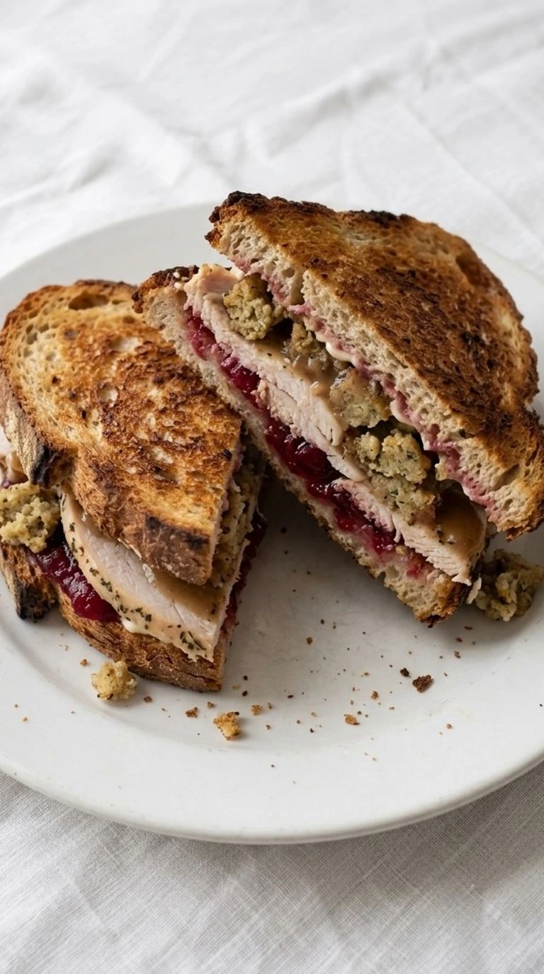 Thanksgiving Leftover Sandwich with golden sourdough, roasted turkey, herb stuffing and cranberry sauce Recipe focus: easy thanksgiving leftover sandwich.