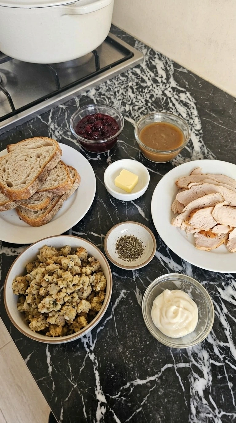 Thanksgiving Leftover Sandwich ingredients including sliced turkey, sourdough bread, stuffing and cranberry Recipe focus: easy thanksgiving leftover sandwich.