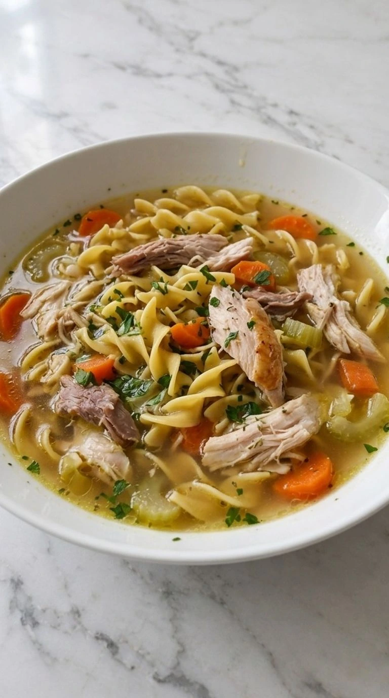 Turkey Noodle Soup with shredded roasted turkey, wavy egg noodles, carrots and celery in golden broth. Recipe focus: easy turkey noodle soup.