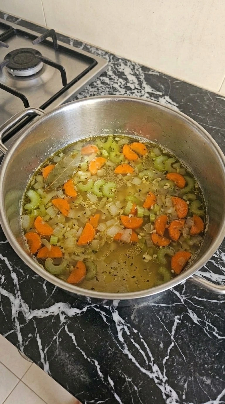 Turkey Noodle Soup broth simmering with carrots, celery, onion, thyme and a bay leaf. Recipe focus: turkey noodle soup recipe.