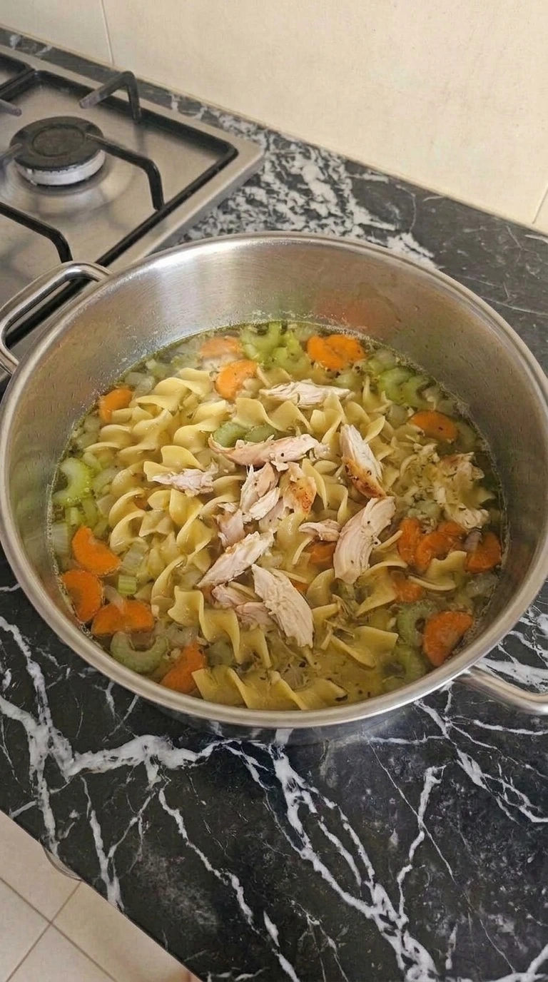 Turkey Noodle Soup with shredded roasted turkey warming among tender egg noodles and vegetables. Recipe focus: easy turkey noodle soup.