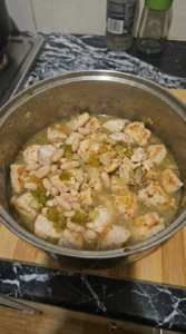 White Bean Chicken Chili beans broth and chicken combined during simmering Recipe focus: white chicken chili.