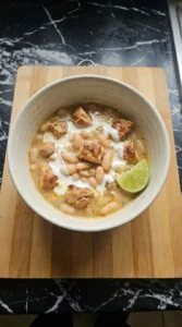White Bean Chicken Chili finished serving with creamy broth and chicken pieces Recipe focus: easy white chicken chili.